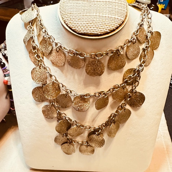 Gold Tone 4 Strand Layered Bib Necklace w/Several Round Discs per Layer - Picture 2 of 10